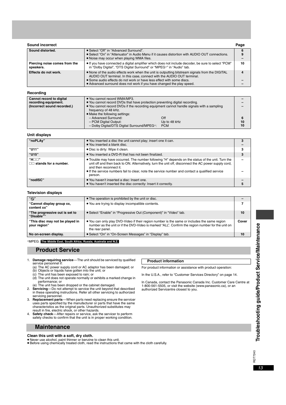 Product service, Maintenance | Panasonic DVDS27GD User Manual | Page 13 / 16