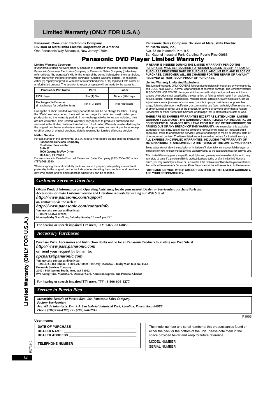 Limited warranty (only for u.s.a.), Panasonic dvd player limited warranty, Limi ted w a rr ant y (o nl y for u .s. a.) | Panasonic DVDS27GD User Manual | Page 14 / 16