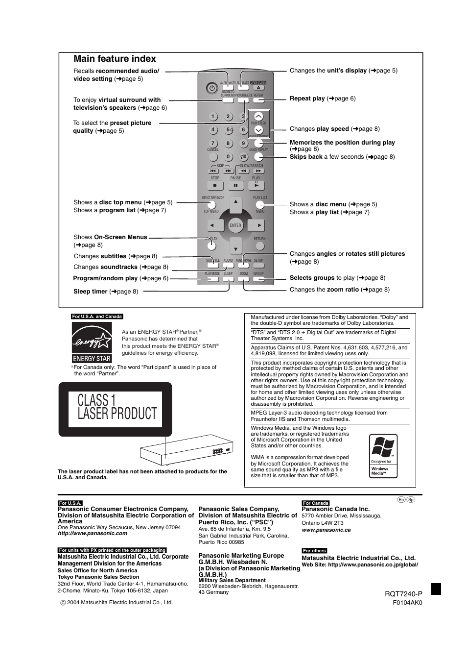 Class 1 laser product, Main feature index | Panasonic DVDS27GD User Manual | Page 16 / 16