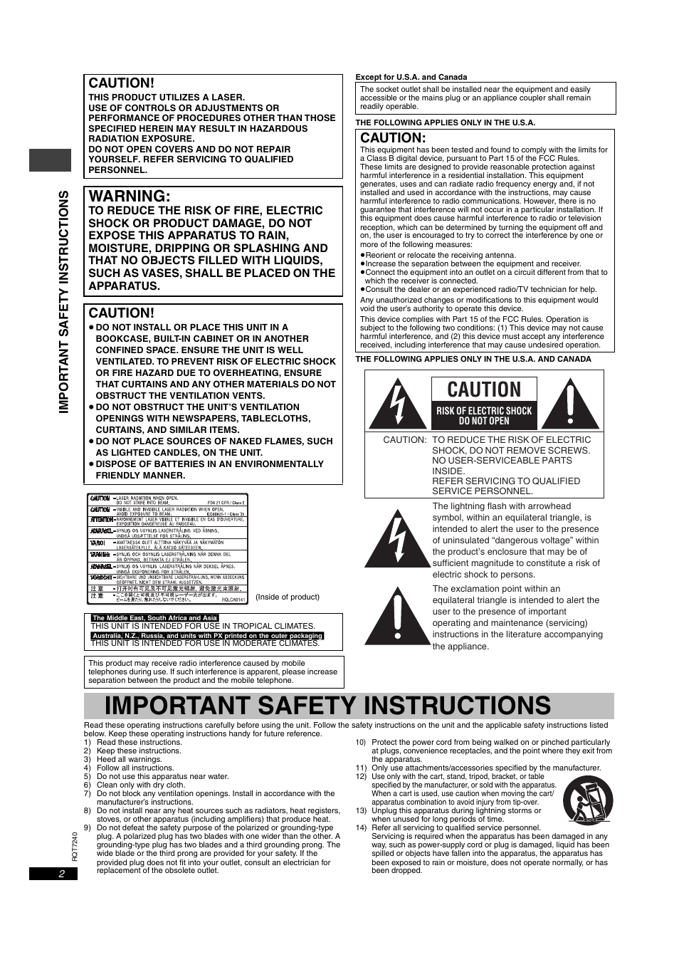 Important safety instructions, Warning, Caution | Im po r t ant safety instr ucti o n s | Panasonic DVDS27GD User Manual | Page 2 / 16