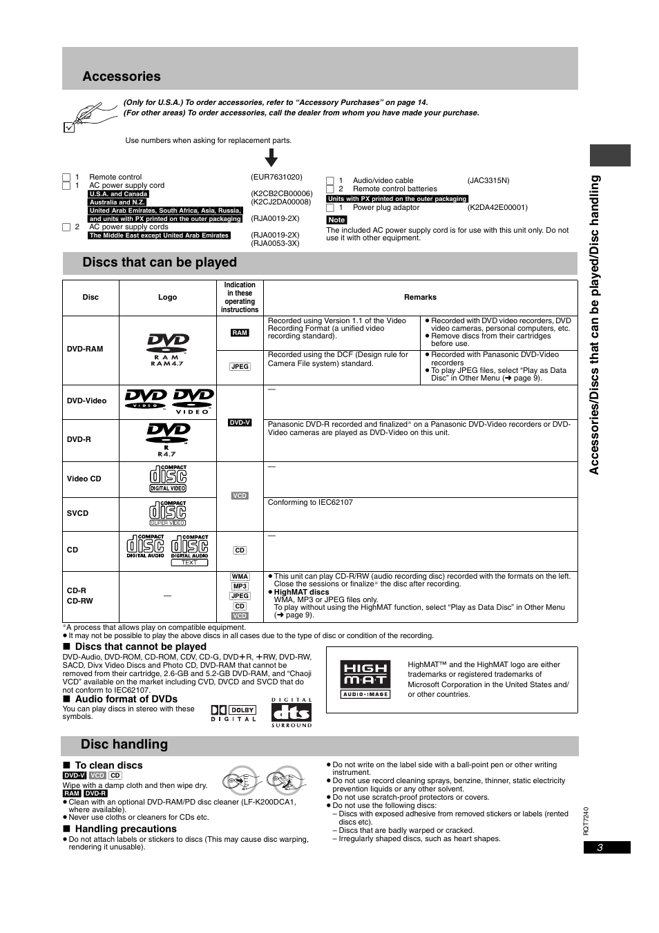 Accessories, Discs that can be played, Disc handling | Panasonic DVDS27GD User Manual | Page 3 / 16