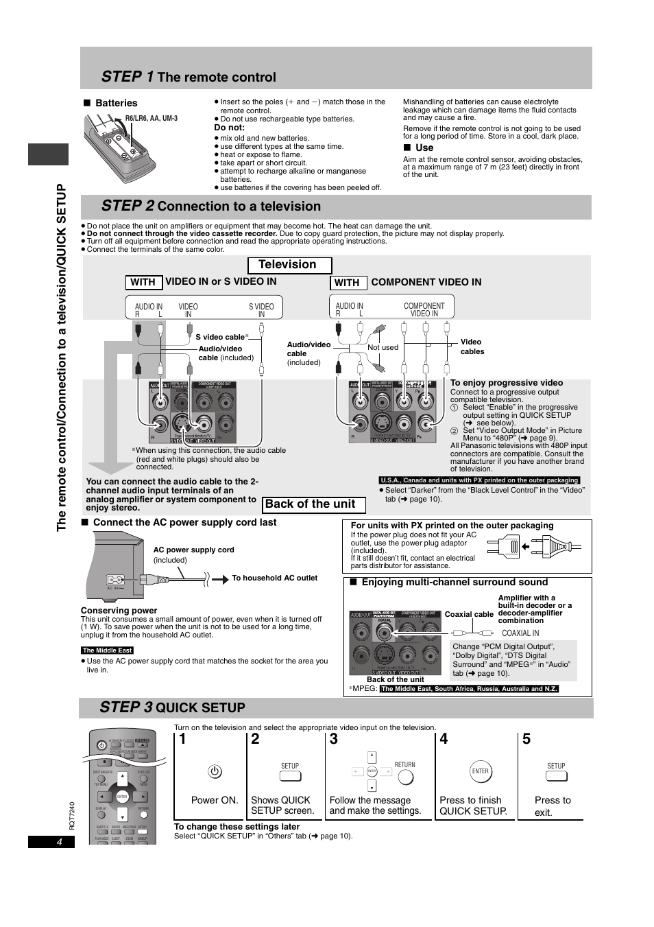 Step 1, Step 2, Step 3 | The remote control, Connection to a television, Quick setup, Television back of the unit | Panasonic DVDS27GD User Manual | Page 4 / 16