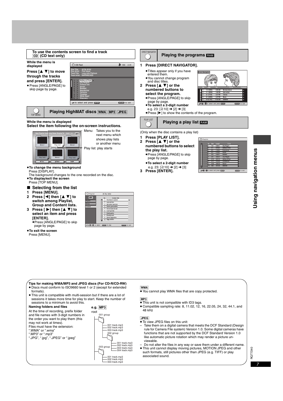 Usi ng na viga ti on men u s, Selecting from the list, Playing highmat discs | Playing the programs, Playing a play list, 1 press [direct navigator, Wma] [mp3] [jpeg, While the menu is displayed, Root | Panasonic DVDS27GD User Manual | Page 7 / 16