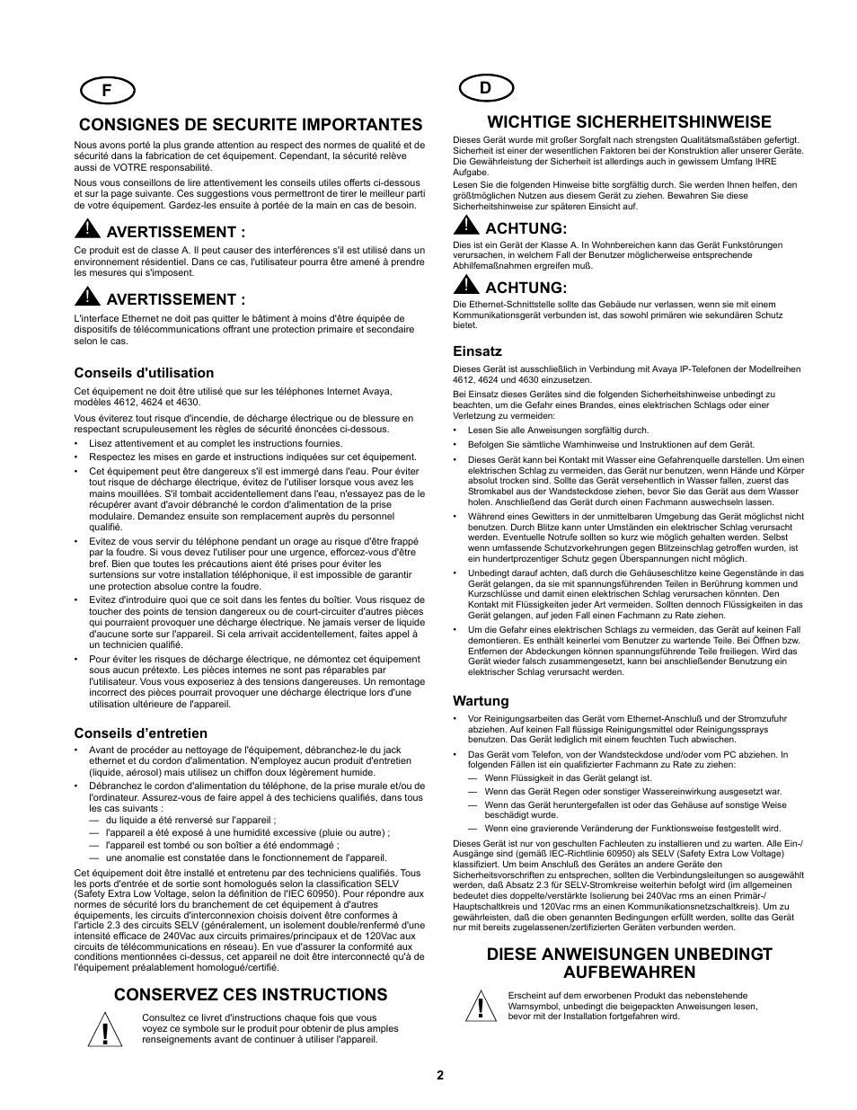 Consignes de securite importantes, Diese anweisungen unbedingt aufbewahren, Avertissement | Achtung | Avaya 700234750 User Manual | Page 2 / 14