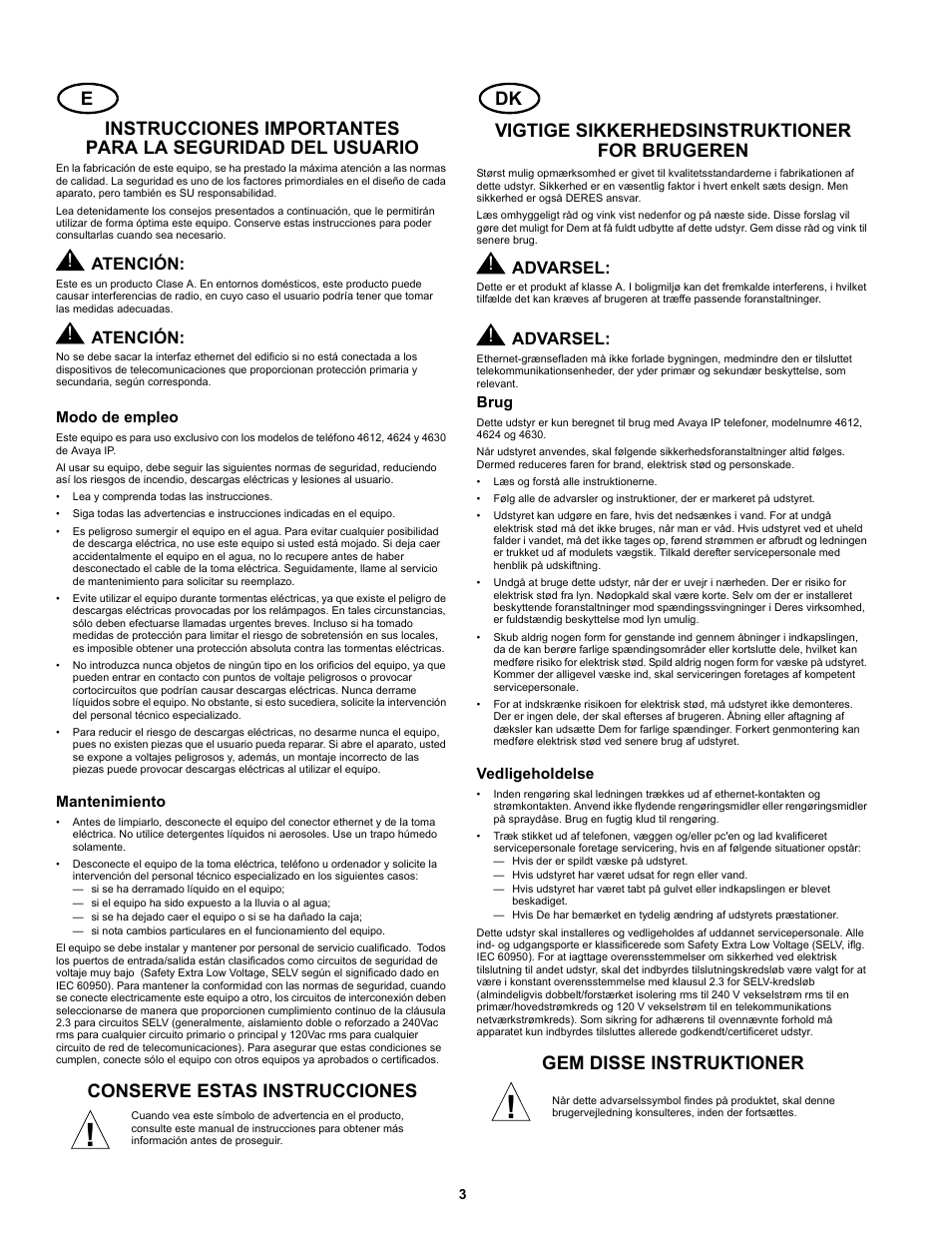 Gem disse instruktioner, Atención, Advarsel | Avaya 700234750 User Manual | Page 3 / 14