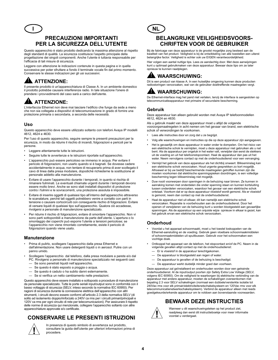 Bewaar deze instructies, Attenzione, Waarschuwing | Avaya 700234750 User Manual | Page 4 / 14