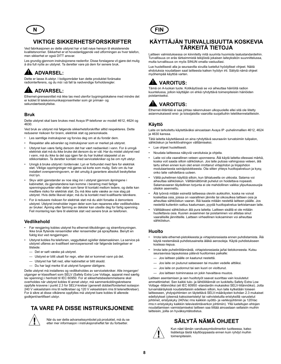 Viktige sikkerhetsforskrifter, Säilytä nämä ohjeet, Advarsel | Varoitus | Avaya 700234750 User Manual | Page 8 / 14
