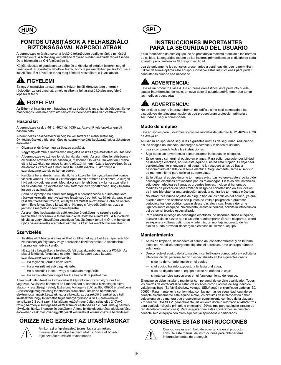 Conserve estas instrucciones, Figyelem, Advertencia | Avaya 700234750 User Manual | Page 9 / 14