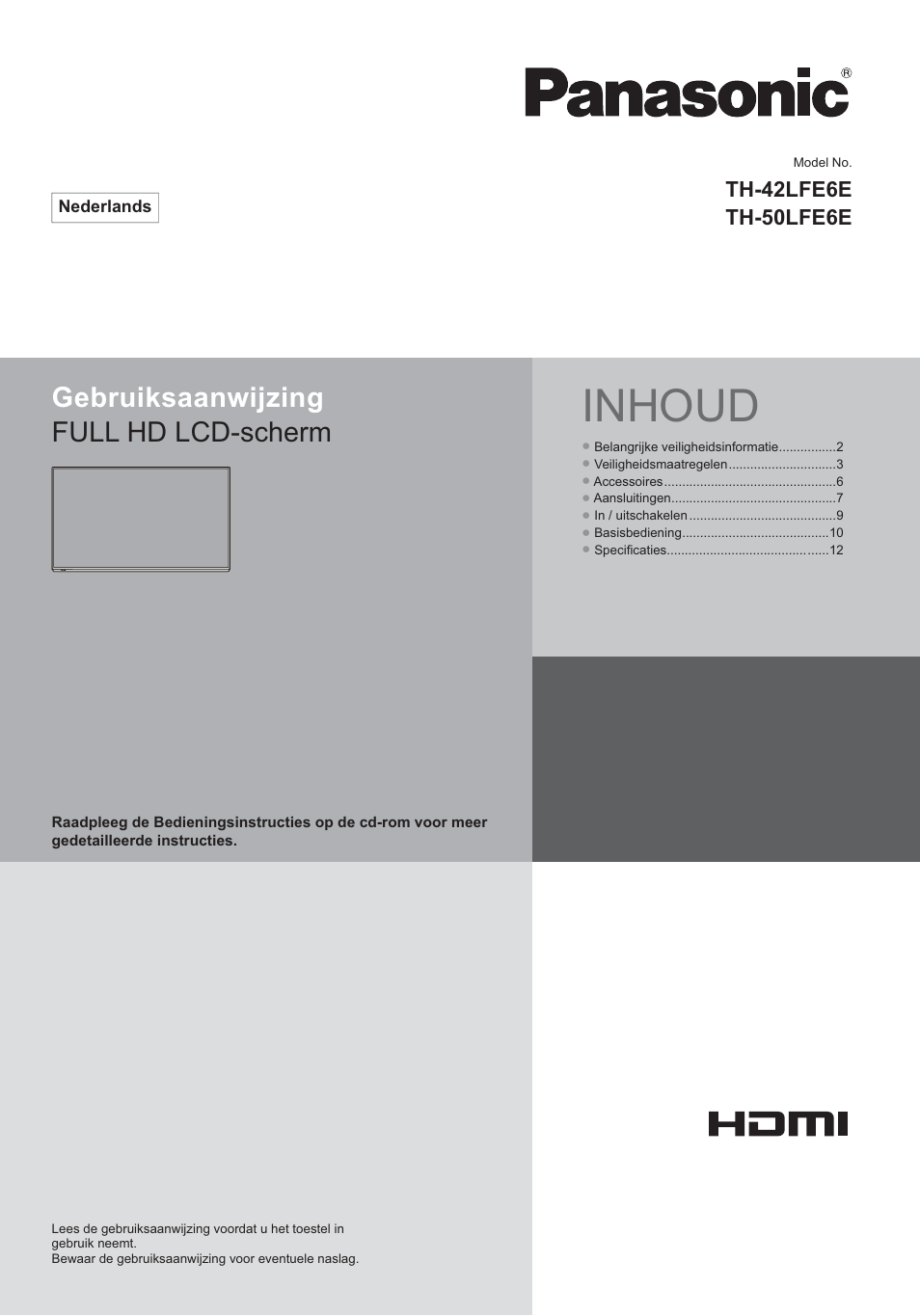 Inhoud, Gebruiksaanwijzing full hd lcd-scherm | Panasonic TH50LFE6E User Manual | Page 15 / 56