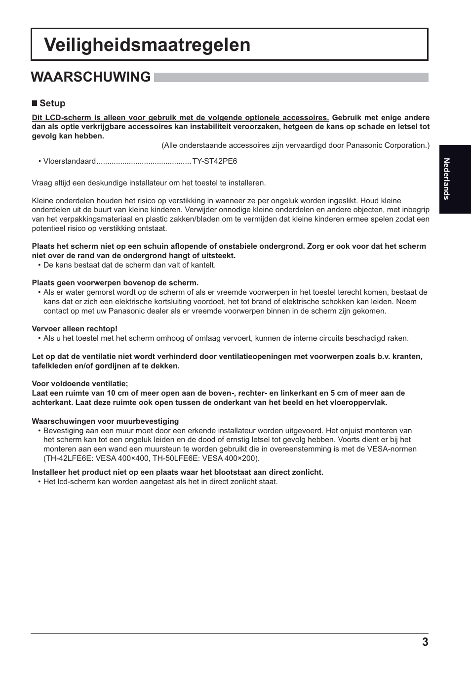 Veiligheidsmaatregelen, Waarschuwing | Panasonic TH50LFE6E User Manual | Page 17 / 56