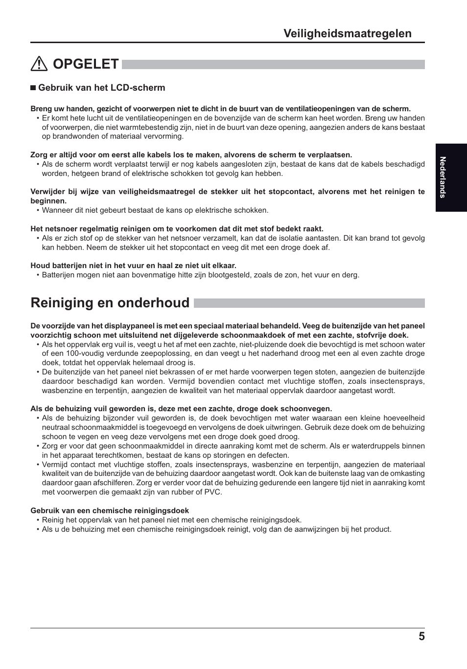 Opgelet, Reiniging en onderhoud, Veiligheidsmaatregelen | Panasonic TH50LFE6E User Manual | Page 19 / 56