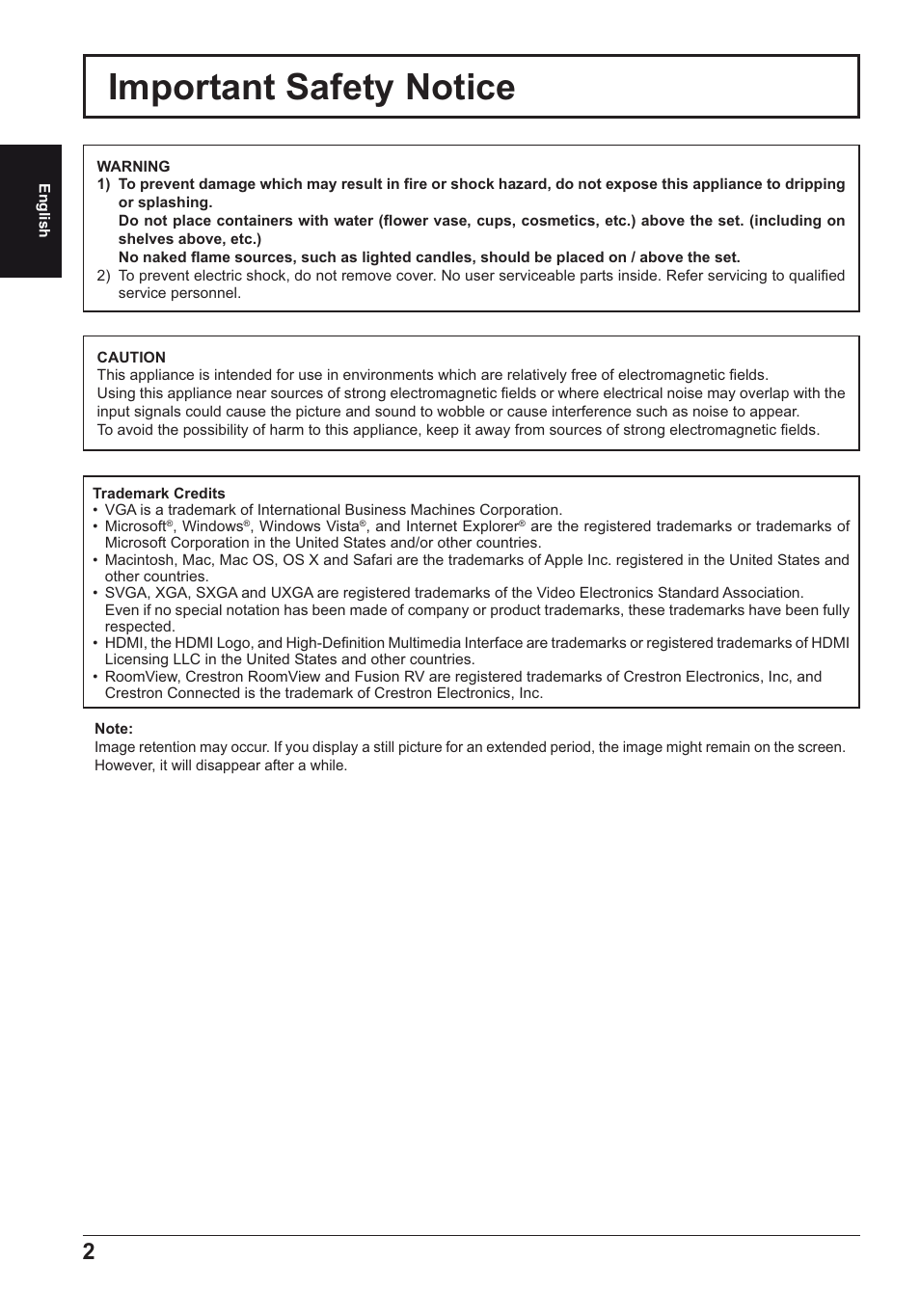 Important safety notice | Panasonic TH50LFE6E User Manual | Page 2 / 56