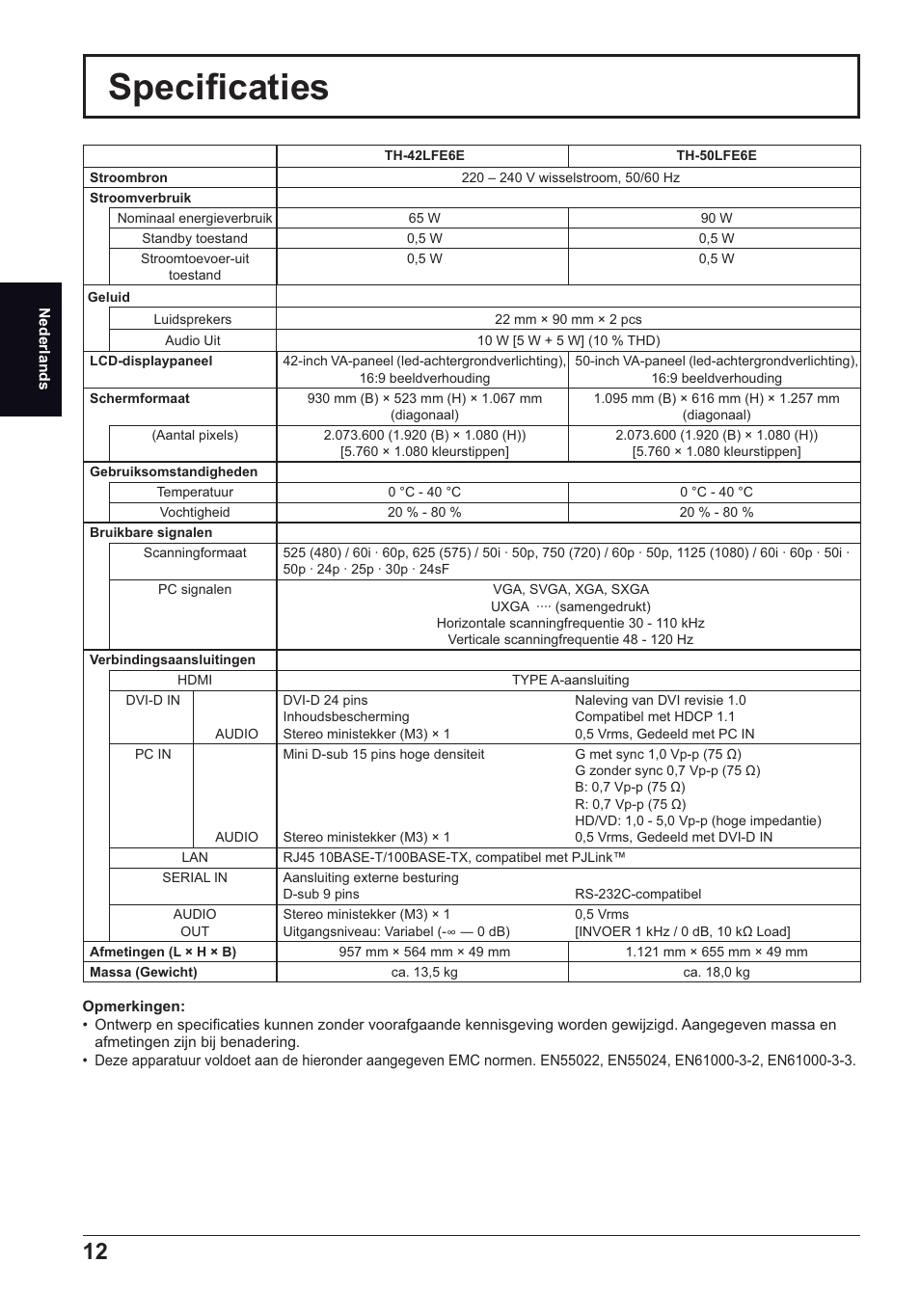 Specifi caties | Panasonic TH50LFE6E User Manual | Page 26 / 56