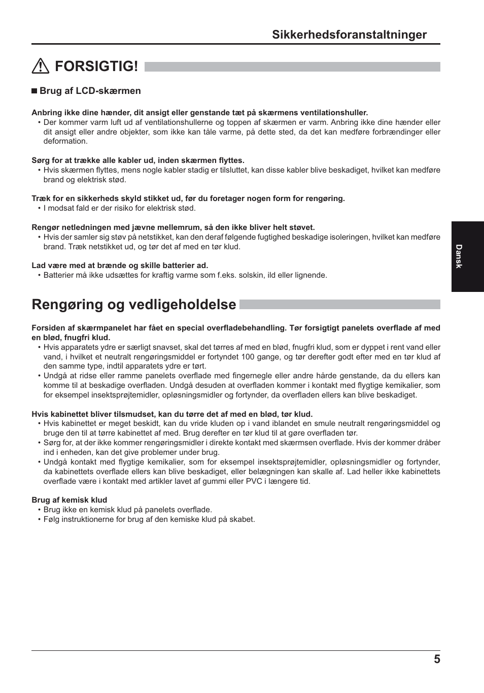 Forsigtig, Rengøring og vedligeholdelse, Sikkerhedsforanstaltninger | Panasonic TH50LFE6E User Manual | Page 33 / 56