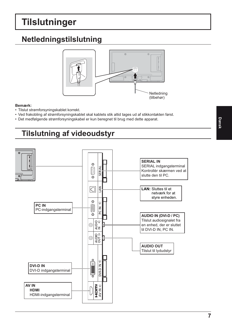 Tilslutninger, Netledningstilslutning tilslutning af videoudstyr | Panasonic TH50LFE6E User Manual | Page 35 / 56