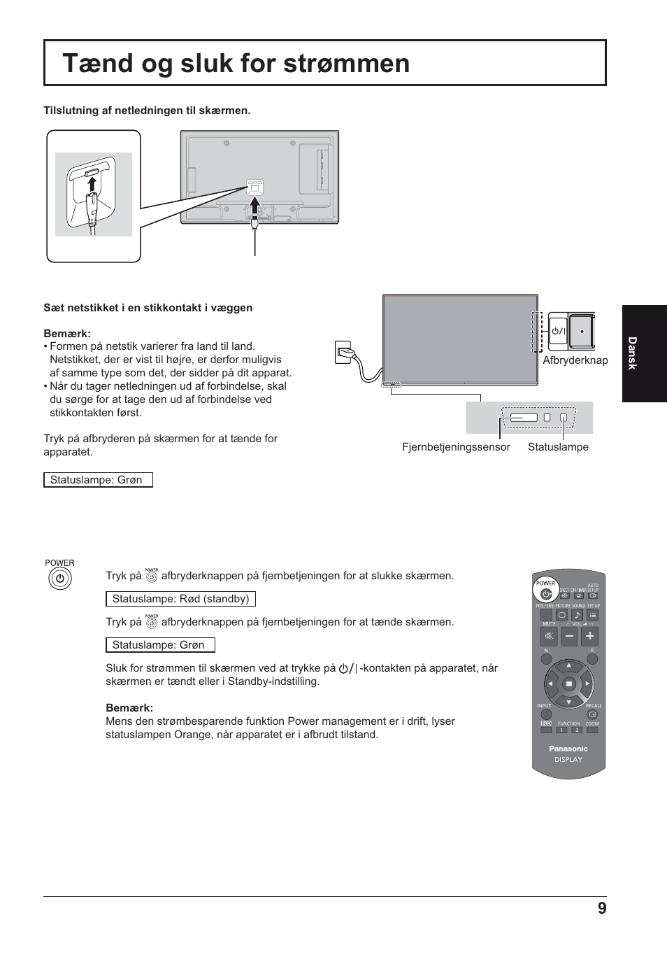 Tænd og sluk for strømmen | Panasonic TH50LFE6E User Manual | Page 37 / 56