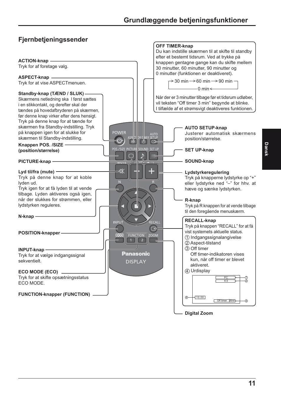 Grundlæggende betjeningsfunktioner, Fjernbetjeningssender | Panasonic TH50LFE6E User Manual | Page 39 / 56