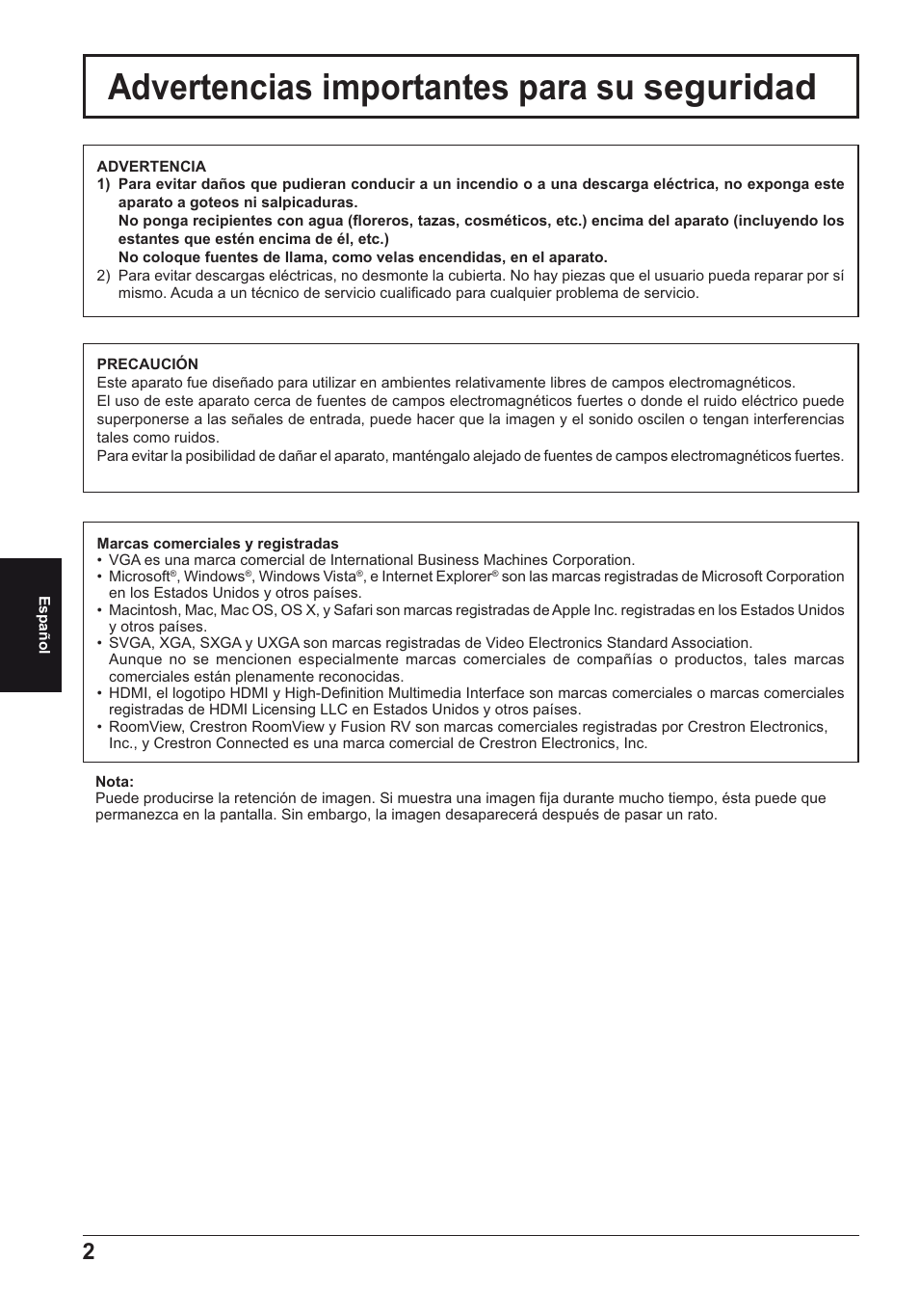 Advertencias importantes para su seguridad | Panasonic TH50LFE6E User Manual | Page 44 / 56