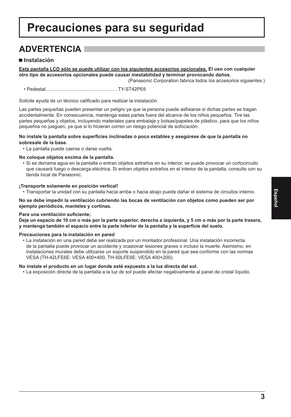 Precauciones para su seguridad, Advertencia | Panasonic TH50LFE6E User Manual | Page 45 / 56