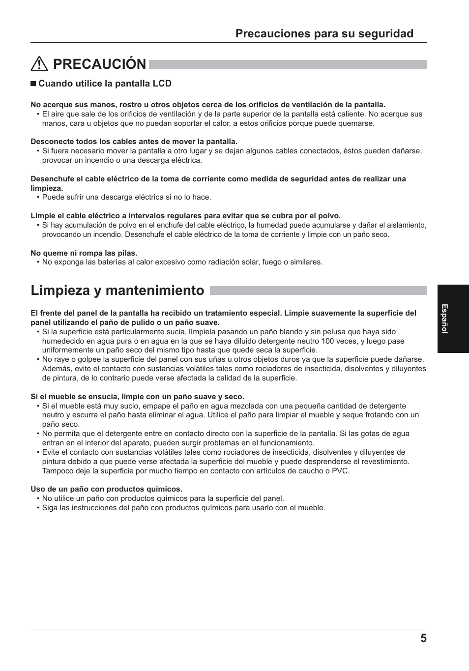 Precaución, Limpieza y mantenimiento, Precauciones para su seguridad | Panasonic TH50LFE6E User Manual | Page 47 / 56