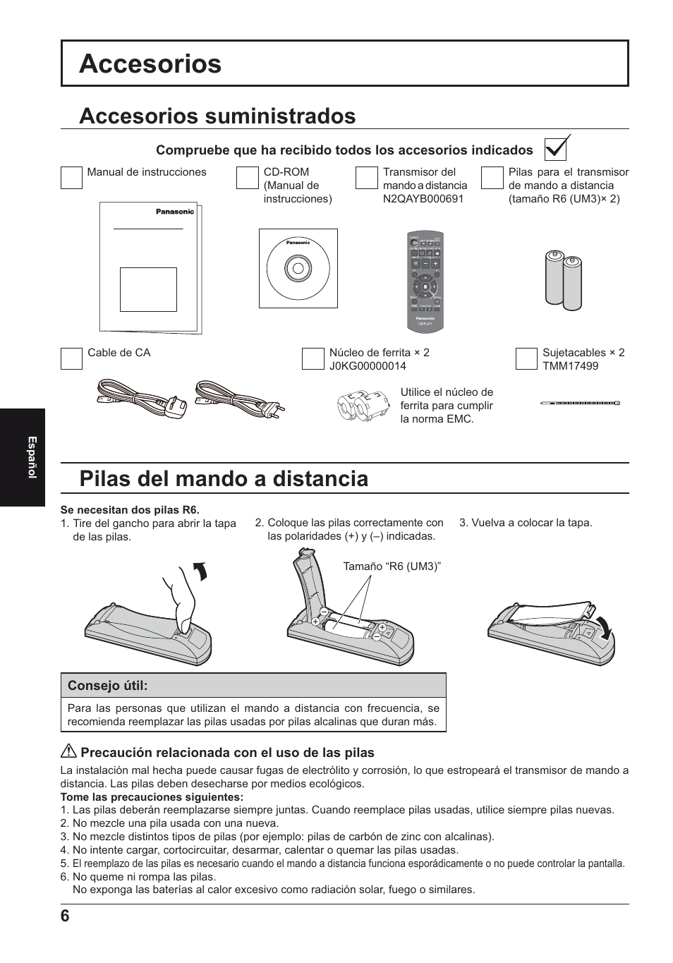 Accesorios, Accesorios suministrados, Pilas del mando a distancia | Panasonic TH50LFE6E User Manual | Page 48 / 56