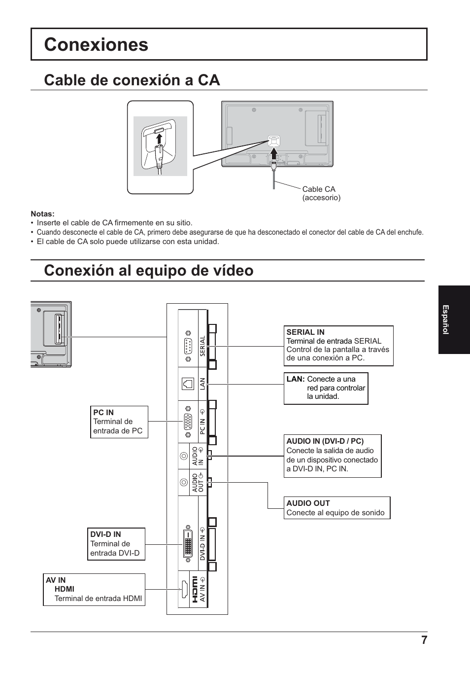 Conexiones, Conexión al equipo de vídeo, Cable de conexión a ca | Panasonic TH50LFE6E User Manual | Page 49 / 56