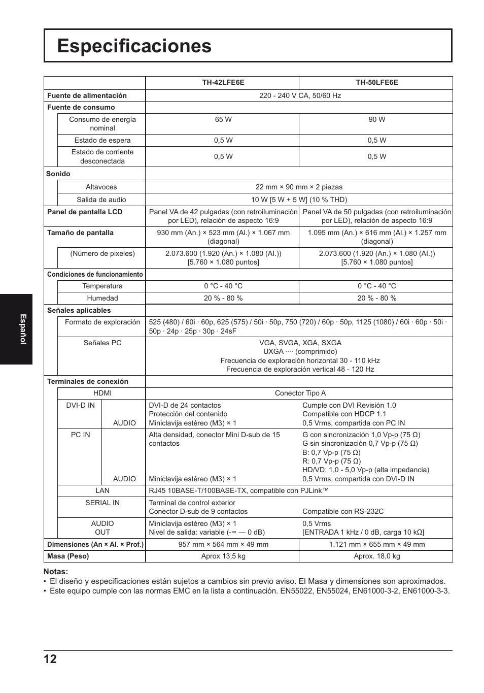 Especifi caciones | Panasonic TH50LFE6E User Manual | Page 54 / 56