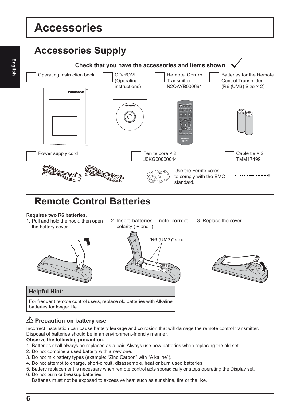Accessories, Accessories supply, Remote control batteries | Panasonic TH50LFE6E User Manual | Page 6 / 56