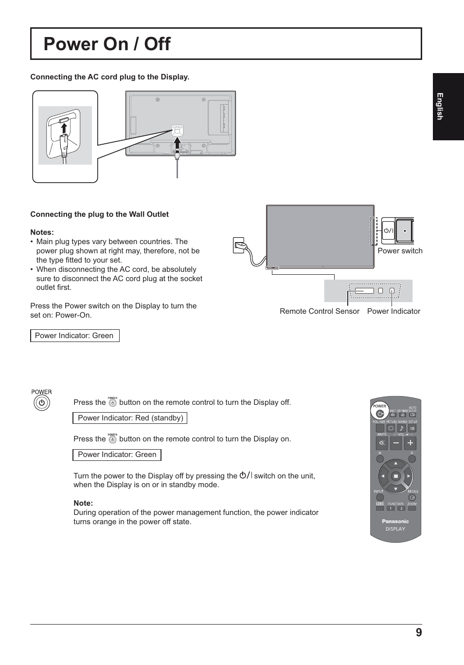 Power on / off | Panasonic TH50LFE6E User Manual | Page 9 / 56