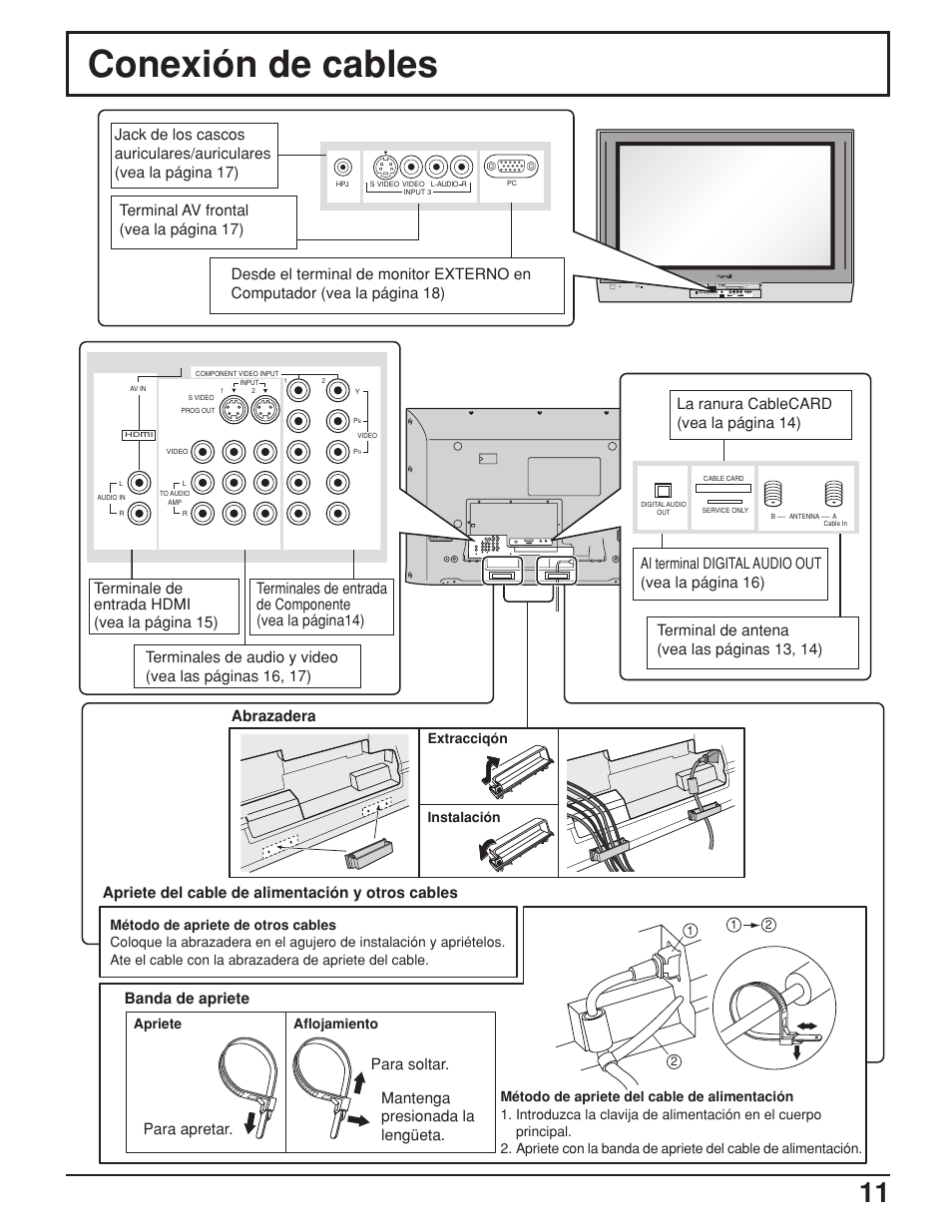 Conexión de cables, Abrazadera, Banda de apriete | Para apretar, Para soltar. mantenga presionada la lengüeta | Panasonic TH42PX25UP User Manual | Page 11 / 68