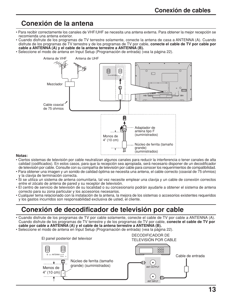 Conexión de la antena, Conexión de decodificador de televisión por cable, Conexión de cables | Panasonic TH42PX25UP User Manual | Page 13 / 68