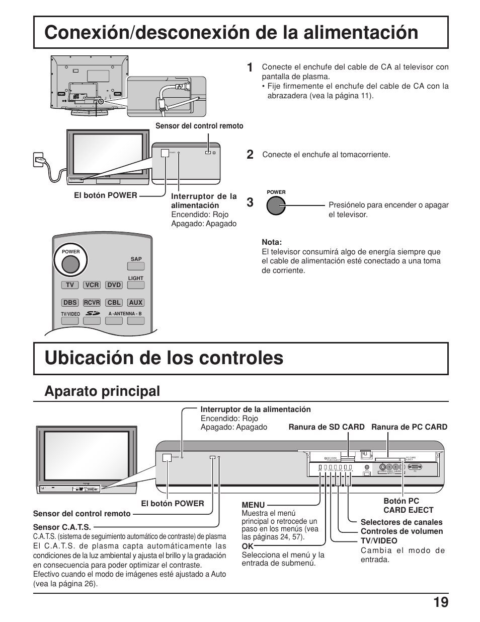 Conexión/desconexión de la alimentación, Ubicación de los controles, Aparato principal | Panasonic TH42PX25UP User Manual | Page 19 / 68