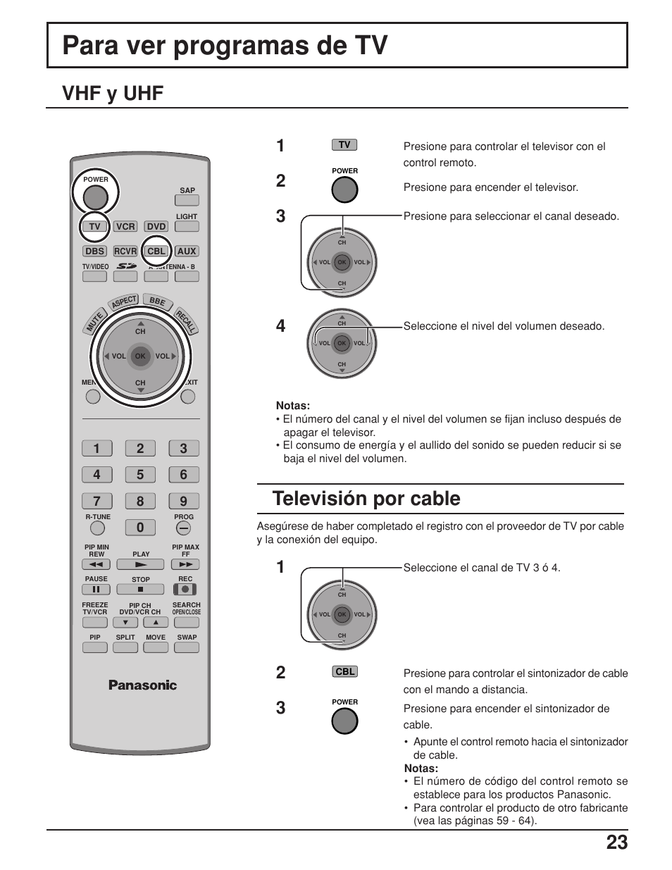 Para ver programas de tv, Vhf y uhf, Televisión por cable | Panasonic TH42PX25UP User Manual | Page 23 / 68