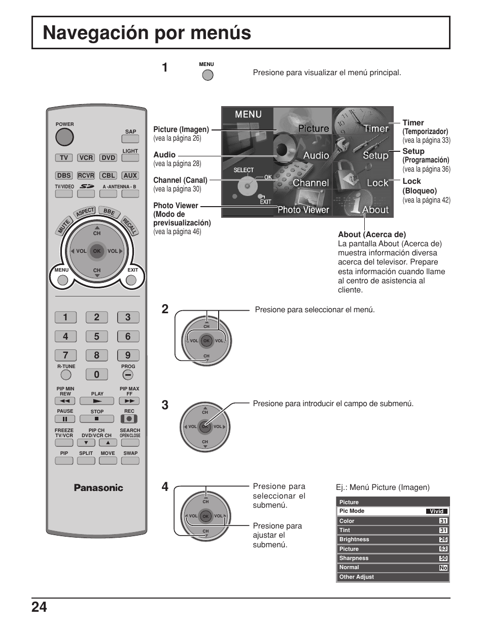 Navegación por menús | Panasonic TH42PX25UP User Manual | Page 24 / 68