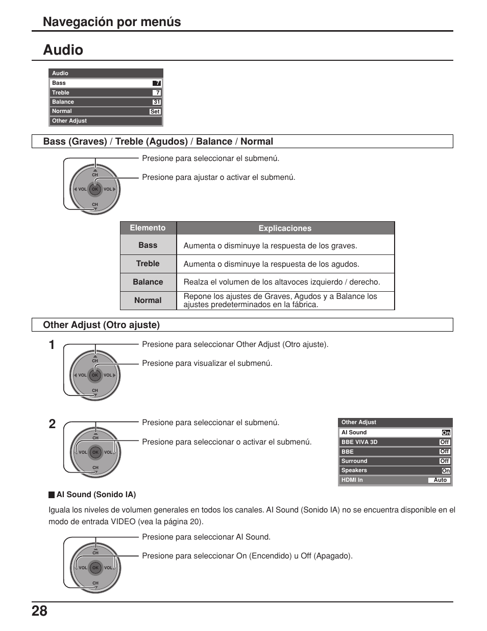 Audio, Navegación por menús | Panasonic TH42PX25UP User Manual | Page 28 / 68