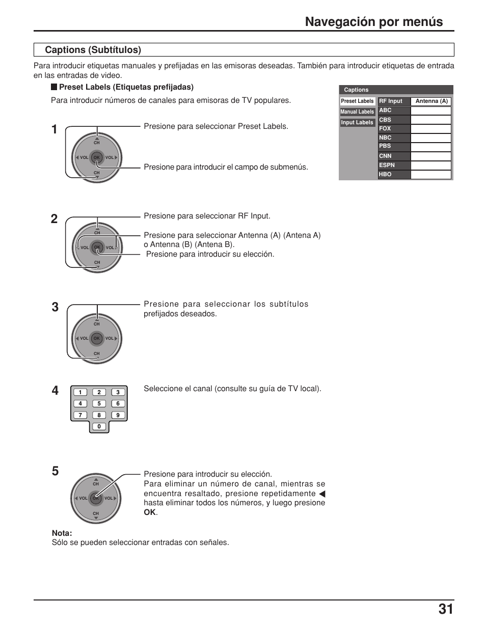 Navegación por menús, Captions (subtítulos) | Panasonic TH42PX25UP User Manual | Page 31 / 68