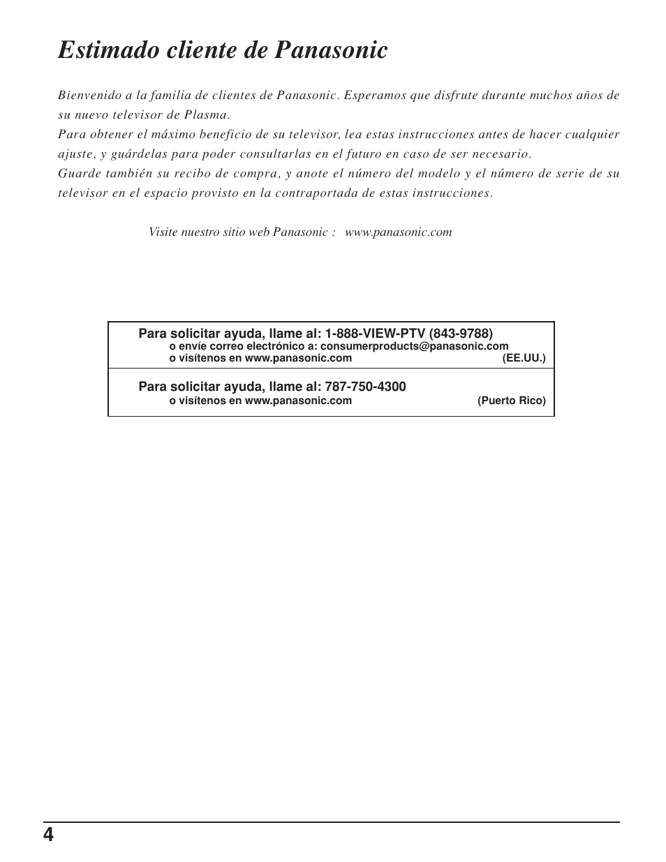 Estimado cliente de panasonic | Panasonic TH42PX25UP User Manual | Page 4 / 68