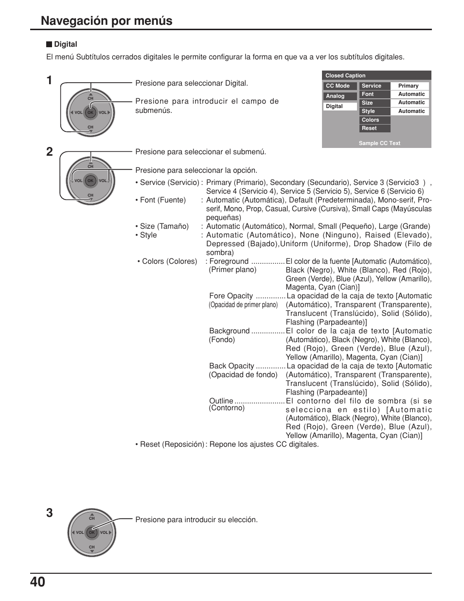 Navegación por menús | Panasonic TH42PX25UP User Manual | Page 40 / 68