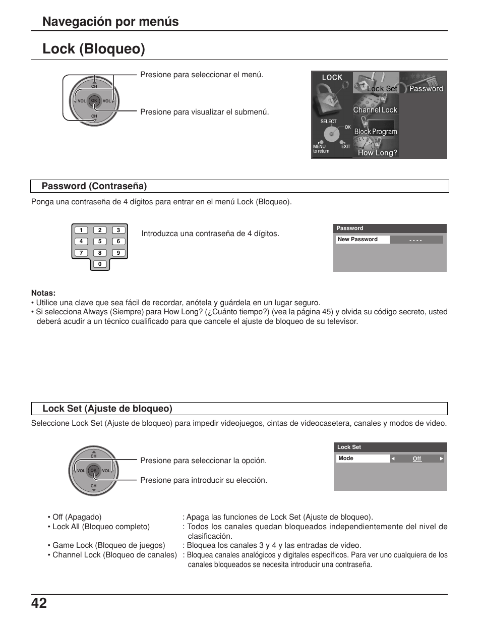 42 lock (bloqueo), Navegación por menús, Password (contraseña) | Lock set (ajuste de bloqueo) | Panasonic TH42PX25UP User Manual | Page 42 / 68
