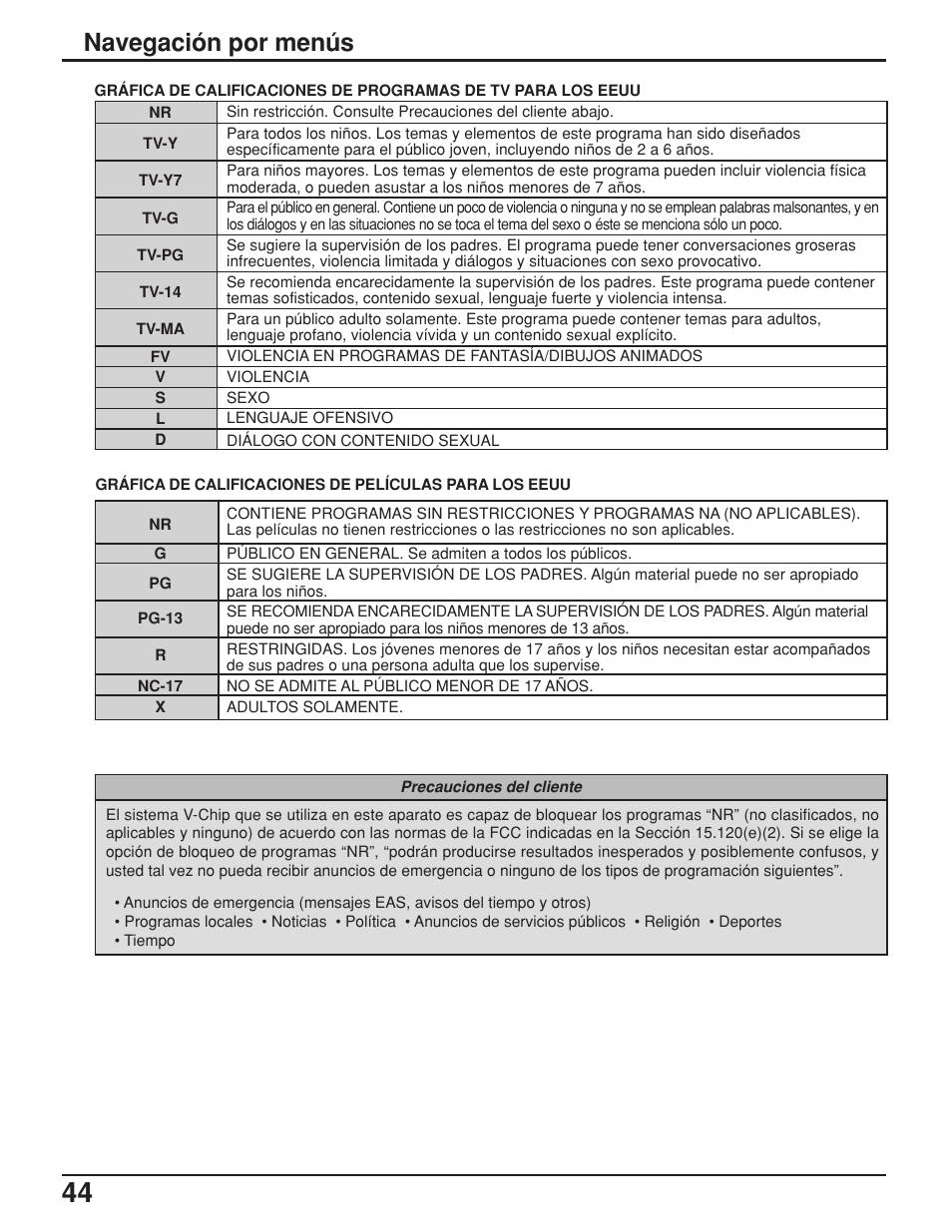 Navegación por menús | Panasonic TH42PX25UP User Manual | Page 44 / 68