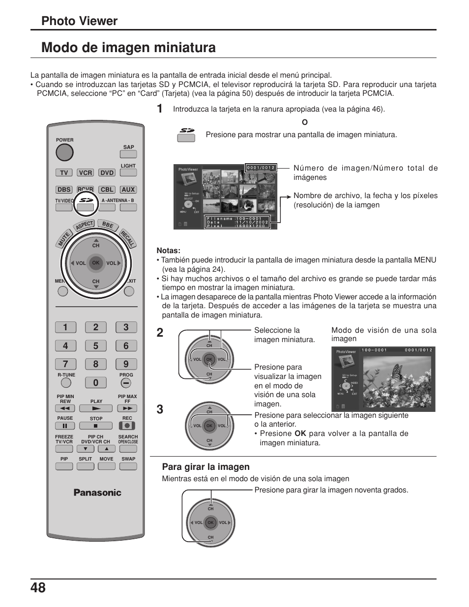 Modo de imagen miniatura, Photo viewer, Para girar la imagen | Panasonic TH42PX25UP User Manual | Page 48 / 68