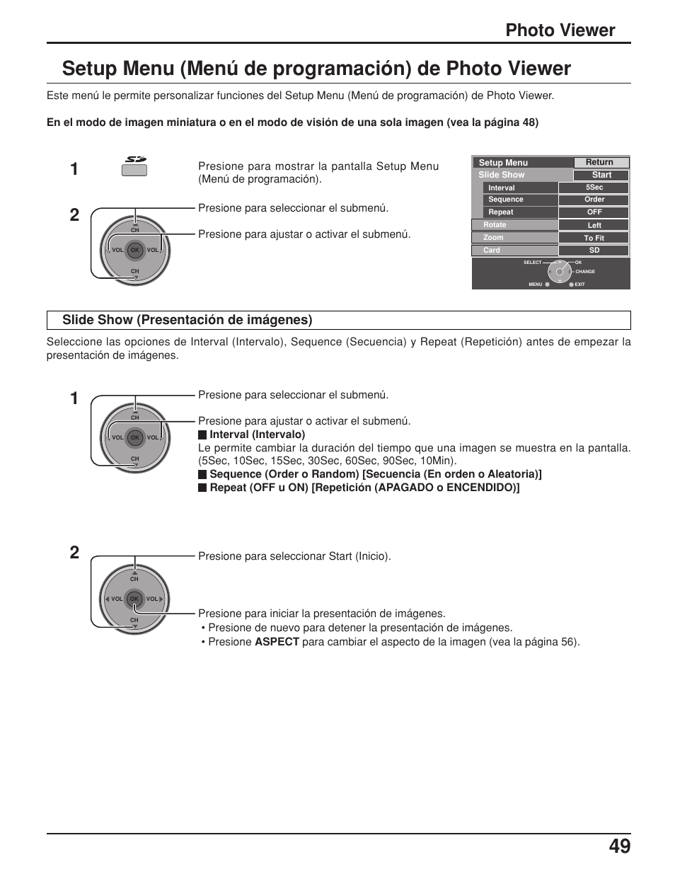 Photo viewer, Slide show (presentación de imágenes) | Panasonic TH42PX25UP User Manual | Page 49 / 68