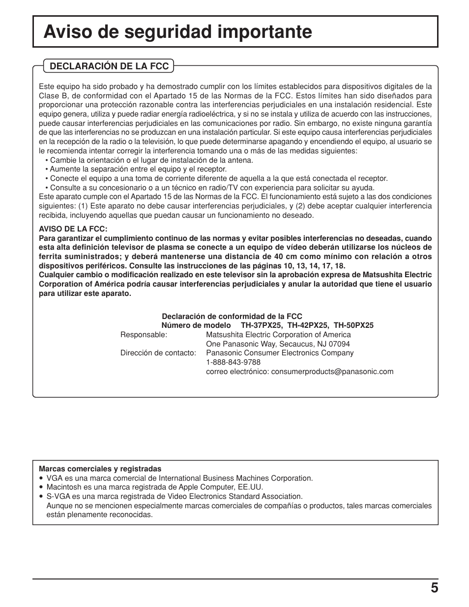 Aviso de seguridad importante | Panasonic TH42PX25UP User Manual | Page 5 / 68