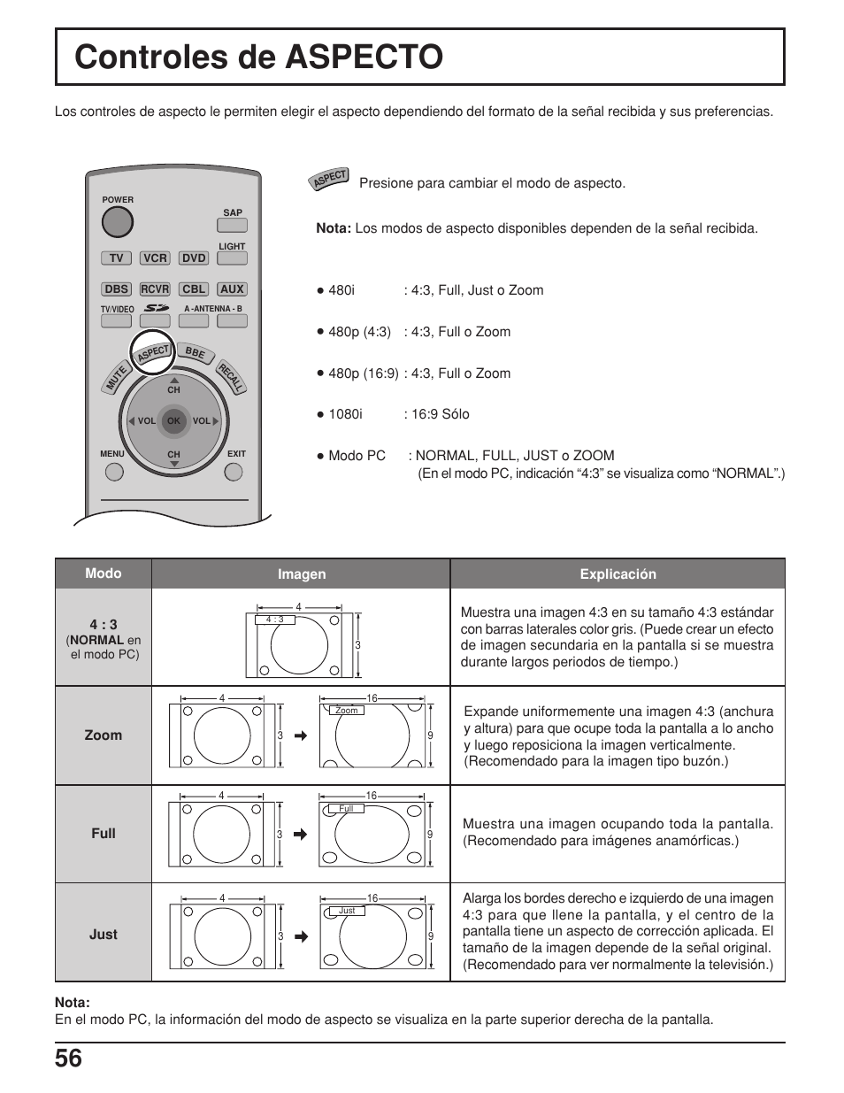 Controles de aspecto | Panasonic TH42PX25UP User Manual | Page 56 / 68