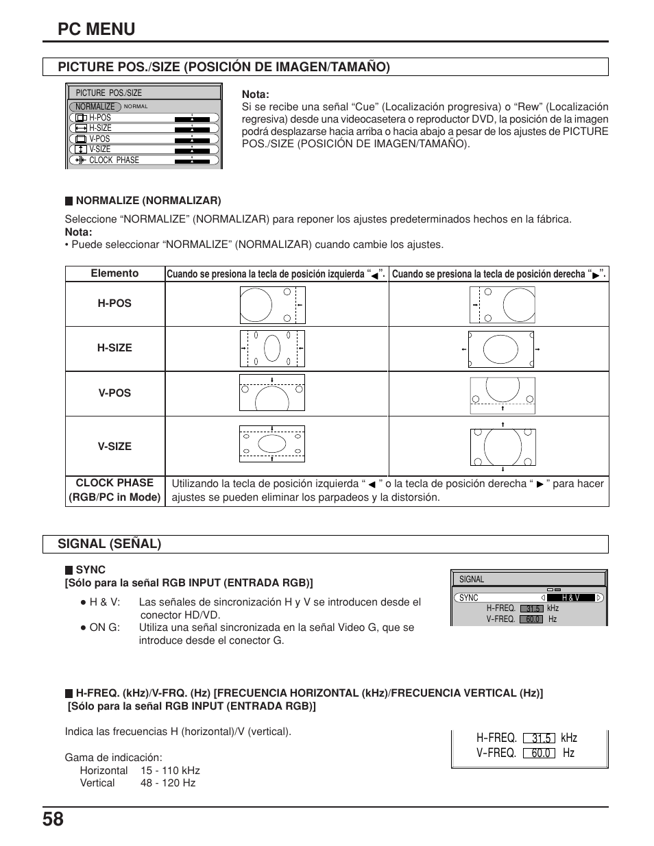 Pc menu | Panasonic TH42PX25UP User Manual | Page 58 / 68