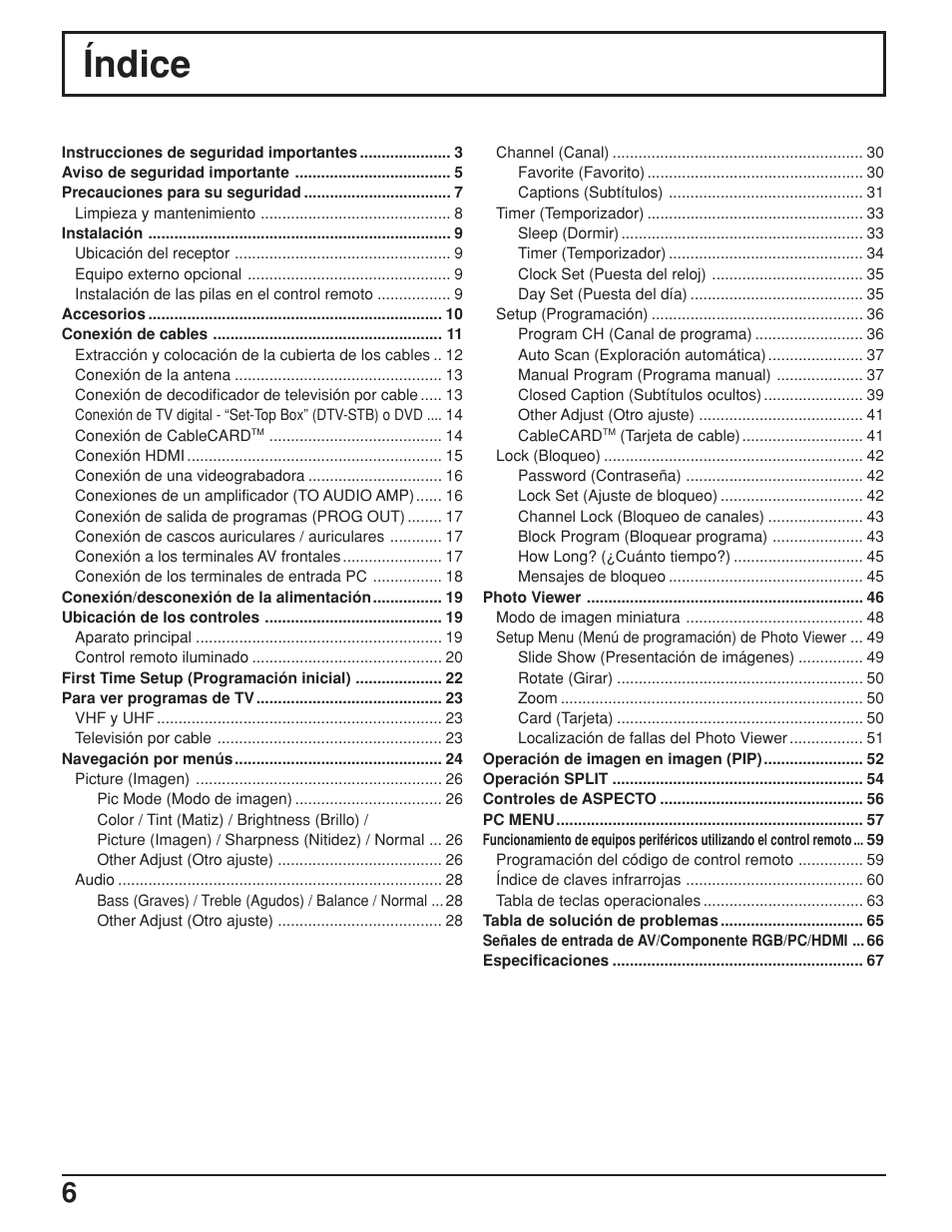 Índice | Panasonic TH42PX25UP User Manual | Page 6 / 68