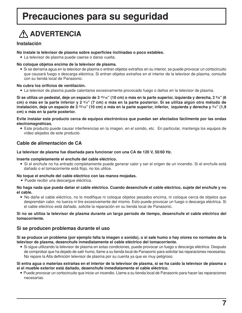 Precauciones para su seguridad, Advertencia | Panasonic TH42PX25UP User Manual | Page 7 / 68