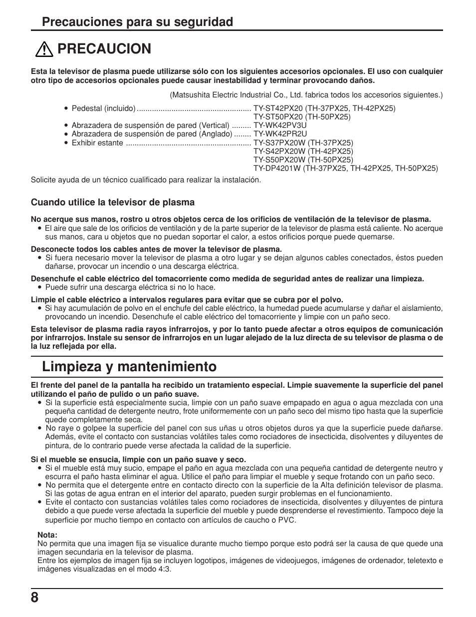 8precaucion, Limpieza y mantenimiento, Precauciones para su seguridad | Panasonic TH42PX25UP User Manual | Page 8 / 68