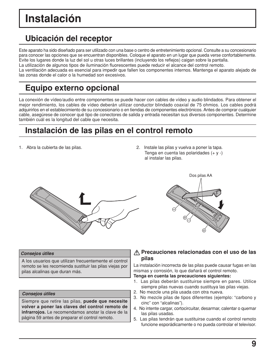 Instalación, Ubicación del receptor | Panasonic TH42PX25UP User Manual | Page 9 / 68