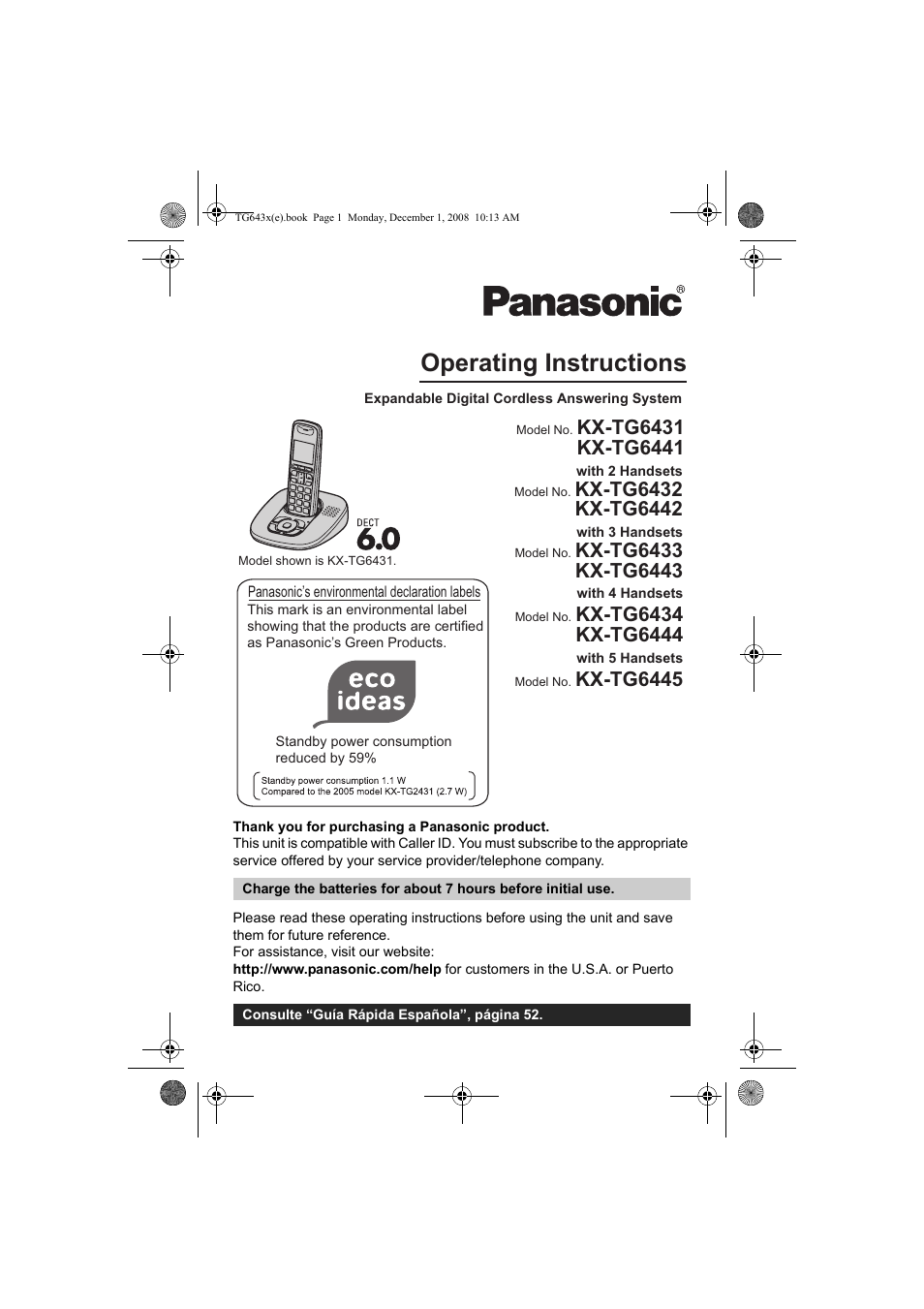 Panasonic KXTG6431 User Manual | 64 pages